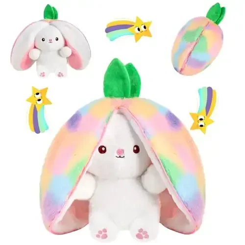 MIAODAM Strawberry Bunny Stuffed Animal, Iridescent & Strawberry Bunny Plush Turn Into Rabbit Fruit Doll, Plushies Funny Bunny Plush Toy for Babies and Kids(7 inch) 