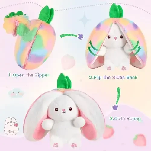 MIAODAM Strawberry Bunny Stuffed Animal, Iridescent & Strawberry Bunny Plush Turn Into Rabbit Fruit Doll, Plushies Funny Bunny Toy for Babies and Kids(10 inch) - 2