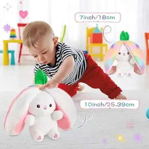MIAODAM Strawberry Bunny Stuffed Animal, Iridescent & Strawberry Bunny Plush Turn Into Rabbit Fruit Doll, Plushies Funny Bunny Toy for Babies and Kids(10 inch) - 3