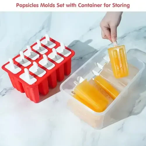 Miaowoof Homemade Popsicle Molds, 10-Cav Non-BPA Silicone Ice Pop Maker, with 50 Sticks, 50 Bags, 10 Reusable Sticks, Funnel, Brush and Ice Pop Recipe (Red+Bin) - 2