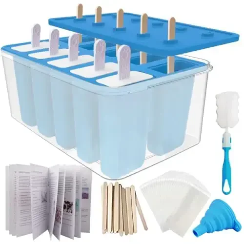 Miaowoof Homemade Popsicle Molds, 10-Cav Non-BPA Silicone Ice Pop Maker, with 50 Sticks, 50 Bags, 10 Reusable Sticks, Funnel, Brush and Ice Pop Recipe (Blue+Bin) 
