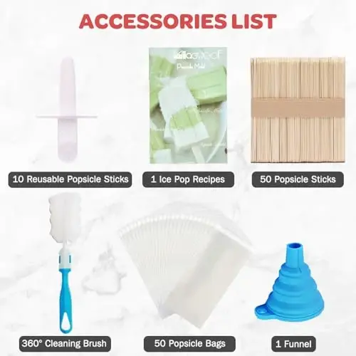 Miaowoof Homemade Popsicle Molds, 10-Cav Non-BPA Silicone Ice Pop Maker, with 50 Sticks, 50 Bags, 10 Reusable Sticks, Funnel, Brush and Ice Pop Recipe (White) - 5
