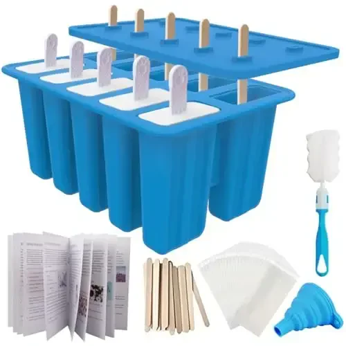Miaowoof Homemade Popsicle Molds, 10-Cav Non-BPA Silicone Ice Pop Maker, with 50 Sticks, 50 Bags, 10 Reusable Sticks, Funnel, Brush and Ice Pop Recipe (Blue) 