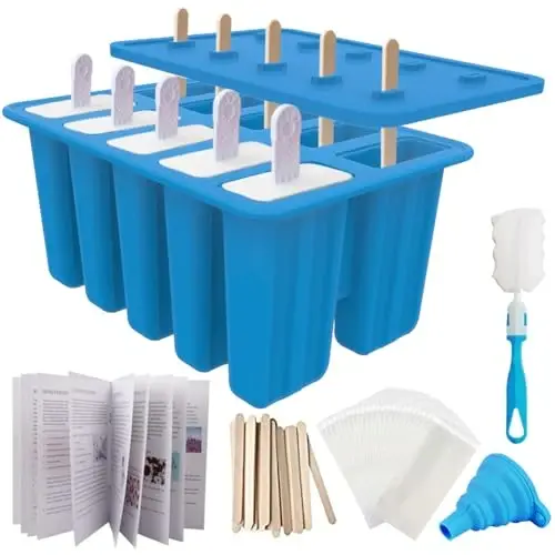 Miaowoof Homemade Popsicle Molds, 10-Cav Non-BPA Silicone Ice Pop Maker, with 50 Sticks, 50 Bags, 10 Reusable Sticks, Funnel, Brush and Ice Pop Recipe (Blue) - 1