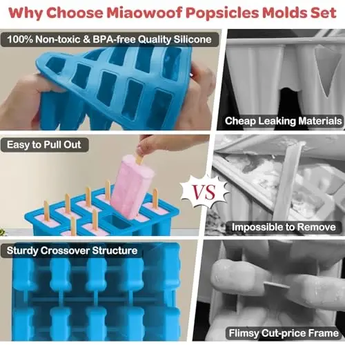 Miaowoof Homemade Popsicle Molds, 10-Cav Non-BPA Silicone Ice Pop Maker, with 50 Sticks, 50 Bags, 10 Reusable Sticks, Funnel, Brush and Ice Pop Recipe (Blue) - 3