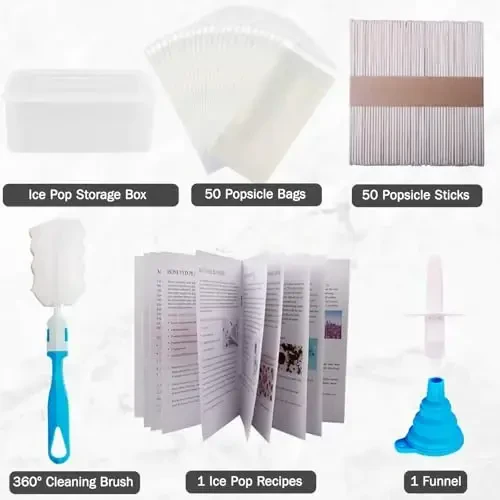 Miaowoof Формы для домашнего мороженого, 10 ячеек, силикон без BPA, 50 палочек, 50 пакетов, 10 многоразовых палочек, воронка, щетка и рецепт мороженого (красный + контейнер) - 6