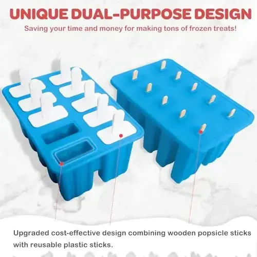Miaowoof Homemade Popsicle Molds, 10-Cav Non-BPA Silicone Ice Pop Maker, with 50 Sticks, 50 Bags, 10 Reusable Sticks, Funnel, Brush and Ice Pop Recipe (Blue) - 2
