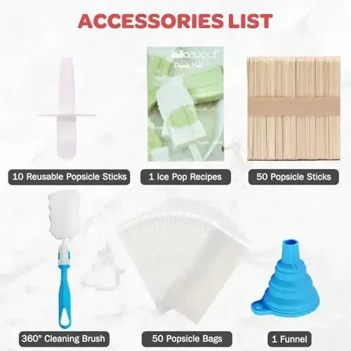 Miaowoof Homemade Popsicle Molds, 10-Cav Non-BPA Silicone Ice Pop Maker, with 50 Sticks, 50 Bags, 10 Reusable Sticks, Funnel, Brush and Ice Pop Recipe (Blue) - 5