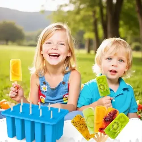 Miaowoof Homemade Popsicle Molds, 10-Cav Non-BPA Silicone Ice Pop Maker, with 50 Sticks, 50 Bags, 10 Reusable Sticks, Funnel, Brush and Ice Pop Recipe (Blue) - 6