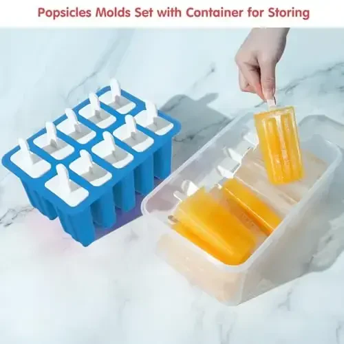 Miaowoof Homemade Popsicle Molds, 10-Cav Non-BPA Silicone Ice Pop Maker, with 50 Sticks, 50 Bags, 10 Reusable Sticks, Funnel, Brush and Ice Pop Recipe (Blue+Bin) - 2