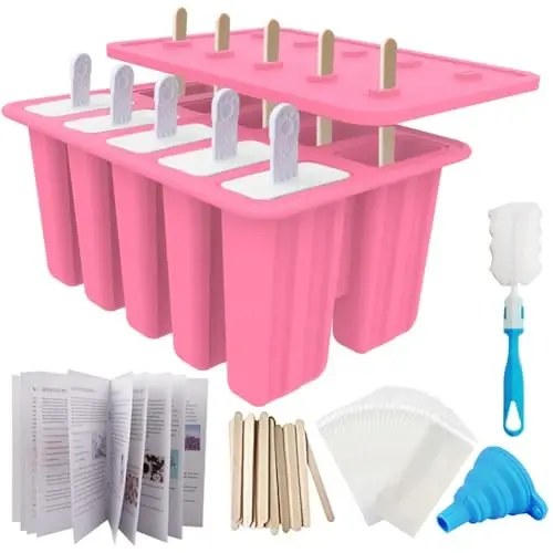 Miaowoof Homemade Popsicle Molds, 10-Cav Non-BPA Silicone Ice Pop Maker, with 50 Sticks, 50 Bags, 10 Reusable Sticks, Funnel, Brush and Ice Pop Recipe (Pink) - MIAOWOOF