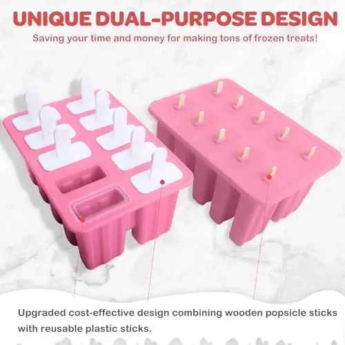 Miaowoof Homemade Popsicle Molds, 10-Cav Non-BPA Silicone Ice Pop Maker, with 50 Sticks, 50 Bags, 10 Reusable Sticks, Funnel, Brush and Ice Pop Recipe (Pink) - 2