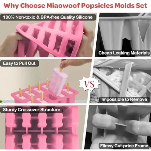 Miaowoof Homemade Popsicle Molds, 10-Cav Non-BPA Silicone Ice Pop Maker, with 50 Sticks, 50 Bags, 10 Reusable Sticks, Funnel, Brush and Ice Pop Recipe (Pink) - 3