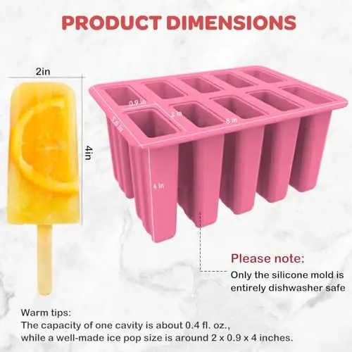 Miaowoof Homemade Popsicle Molds, 10-Cav Non-BPA Silicone Ice Pop Maker, with 50 Sticks, 50 Bags, 10 Reusable Sticks, Funnel, Brush and Ice Pop Recipe (Pink) - 4