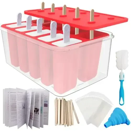 Miaowoof Homemade Popsicle Molds, 10-Cav Non-BPA Silicone Ice Pop Maker, with 50 Sticks, 50 Bags, 10 Reusable Sticks, Funnel, Brush and Ice Pop Recipe (Red+Bin) - 1