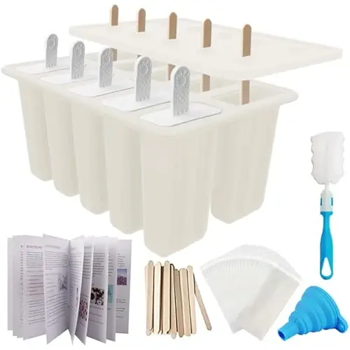 Miaowoof Homemade Popsicle Molds, 10-Cav Non-BPA Silicone Ice Pop Maker, with 50 Sticks, 50 Bags, 10 Reusable Sticks, Funnel, Brush and Ice Pop Recipe (White) 