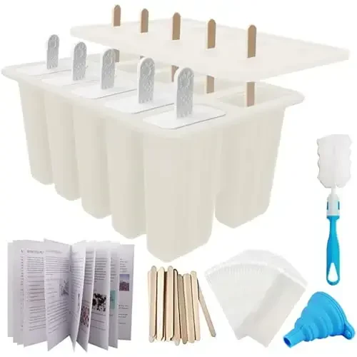 Miaowoof Homemade Popsicle Molds, 10-Cav Non-BPA Silicone Ice Pop Maker, with 50 Sticks, 50 Bags, 10 Reusable Sticks, Funnel, Brush and Ice Pop Recipe (White) - MIAOWOOF