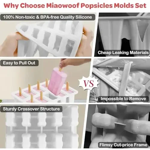 Miaowoof Homemade Popsicle Molds, 10-Cav Non-BPA Silicone Ice Pop Maker, with 50 Sticks, 50 Bags, 10 Reusable Sticks, Funnel, Brush and Ice Pop Recipe (White) - 3
