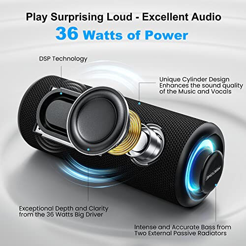 MIATONE Bluetooth Karnay 36W Ko'chma Karnay Stereo Ovozli Bass bilan, Bluetooth 5.3 Simsiz Karnay USB Type C Tashqi, 5000mAh 16 soat O'ynash Vaqti IPX7 Su O'tkazmaydigan, Rangli Chiroqlar Karnay (Qora) - 3