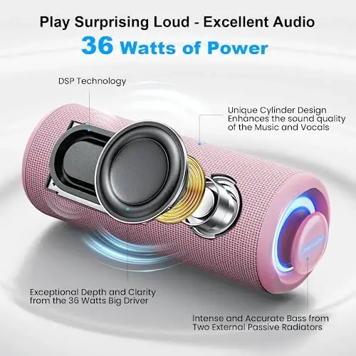 MIATONE Bluetooth Speaker 36W Stereo Sound Bass Present Woman Gifts - Pink | Portable Speaker Bluetooth 5.3 Wireless USB Type C, Outdoor and Travel, 5000mAh Up to 16H Playtime, Indoor Party Home - MIATONE (1)