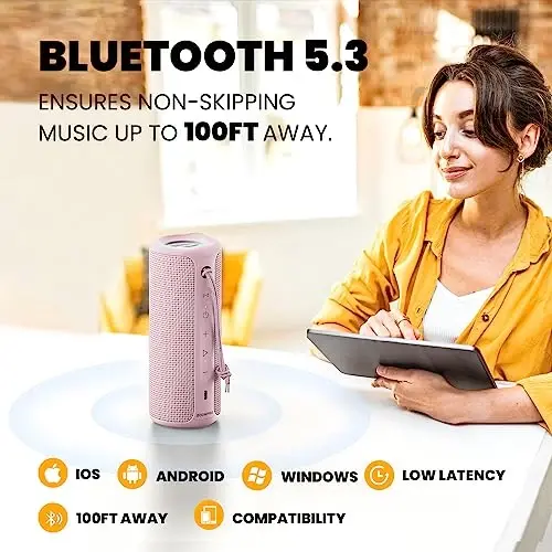 MIATONE Bluetooth Speaker 36W Stereo Sound Bass Present Woman Gifts - Pink | Portable Speaker Bluetooth 5.3 Wireless USB Type C, Outdoor and Travel, 5000mAh Up to 16H Playtime, Indoor Party Home - 5