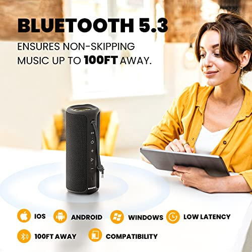 MIATONE Bluetooth Speakers 36W Portable Speaker with Stereo Sound Bass, Bluetooth 5.3 Wireless Speaker USB Type C Outdoor, 5000mAh 16H Playtime IPX7 Waterproof, Color Lights Speaker (Black) - 6