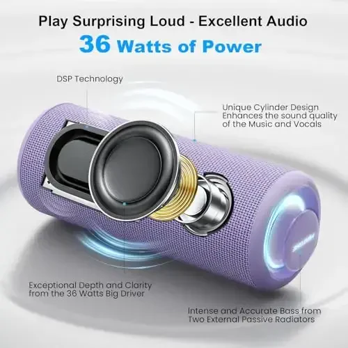 MIATONE Portable Bluetooth Speaker 36W Stereo Sound Bass Boost, 24H Playtime, Bluetooth 5.3 TWS Pairing Girl Friend Gifts for Woman(Purple) - 2