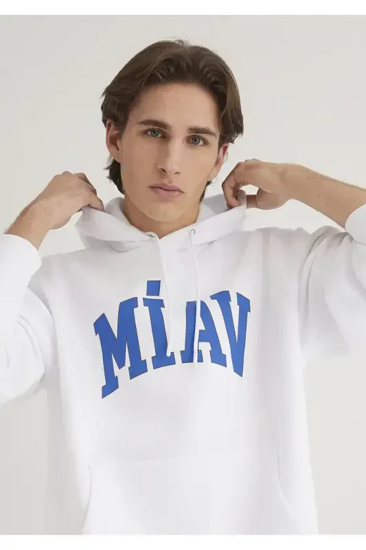 Miav Baskılı Kapüşonlu Beyaz Sweatshirt 0S10122-620 - Mavi