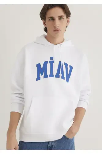 Miav Baskılı Kapüşonlu Beyaz Sweatshirt 0S10122-620 - Mavi (1)
