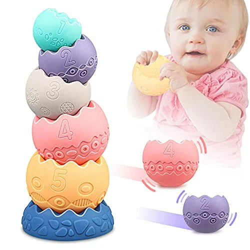 Miawow Stacking Balls Soft Toys for Babies 6 12 18 Months 1 Year Old Girls Boys - Toddlers Sensory Educational Montessori Baby Blocks - Infant Newborn Developmental Teething Learning Stacker Cups - 6