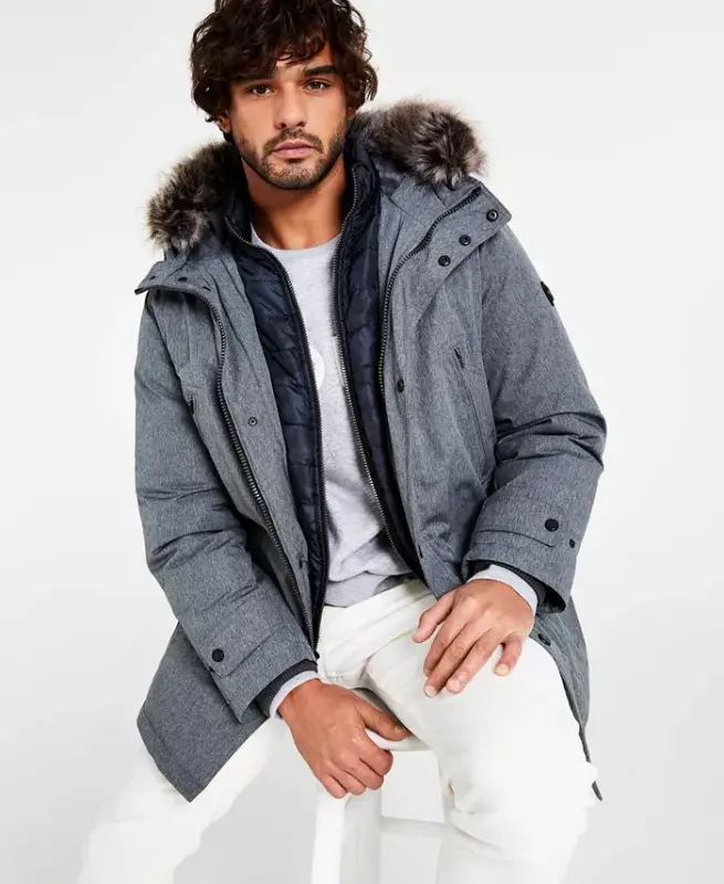 Michael Kors Men's Hooded Bib Snorkel Parka, Created for Modazone-Charcoal Heather - MICHAEL KORS