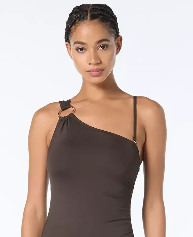 Michael Kors Women's Embellished One-Shoulder Underwire One-Piece Swimsuit - Brown - 2