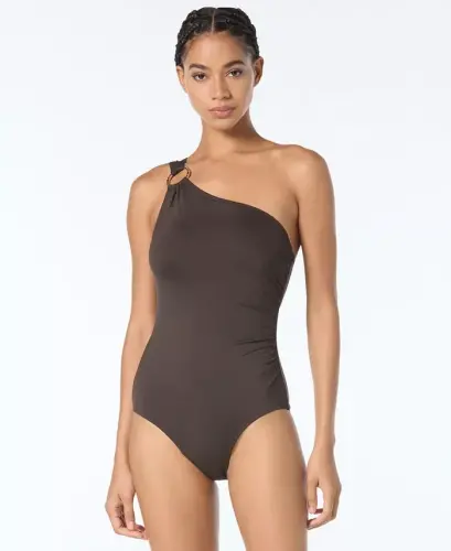 Michael Kors Women's Embellished One-Shoulder Underwire One-Piece Swimsuit - Brown 