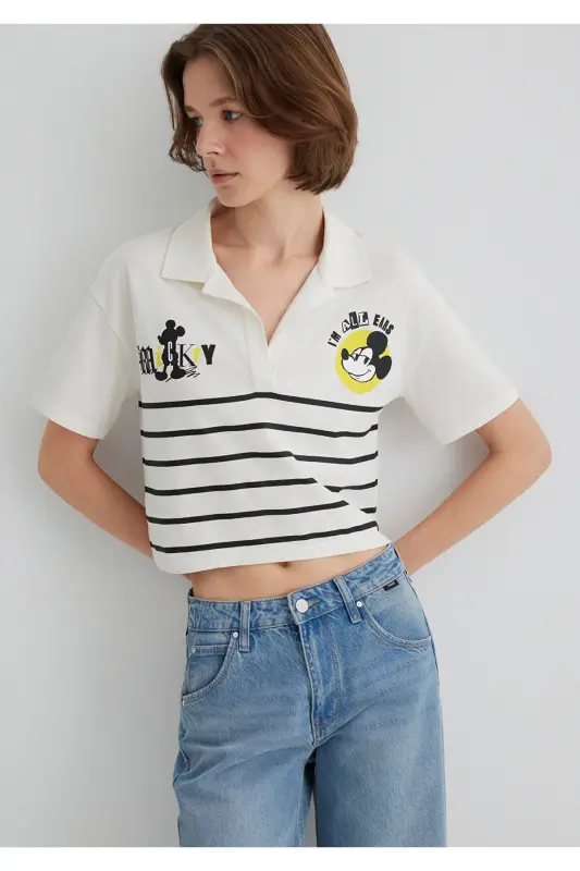 Mickey Mouse Baskılı Çizgili Tişört Regular Fit / Normal Kesim 1612853-85308 - 1