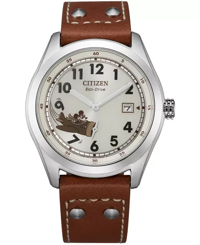 Mickey Aviator Brown Leather Strap Watch 40mm-Brown - CITIZEN