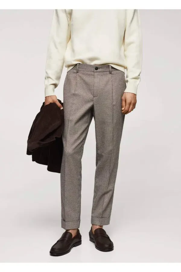 Micro Herringbone Wool Blend Slim Fit Trousers - 1