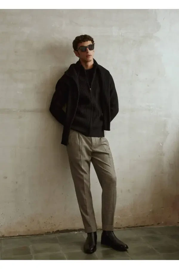 Micro Herringbone Wool Blend Slim Fit Trousers - 5