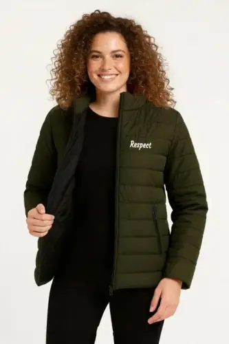 Micro Water Repellent Quilted Printed Lined Zippered Bomber Jacket - Khaki - BÜYÜKBEDENIZ (1)