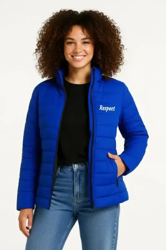Micro Water Repellent Quilted Printed Lined Zippered Bomber Jacket - Royal Blue - 2