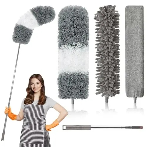 Microfiber Duster, 4PCS with Extension Pole(Stainless Steel) 30 to 100 Inches, Reusable Bendable Dusters, Washable Lightweight Dusters for Cleaning Ceiling Fan, High Ceiling, Blinds, Furniture, Cars - 1