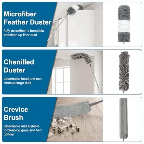 Microfiber Duster, 4PCS with Extension Pole(Stainless Steel) 30 to 100 Inches, Reusable Bendable Dusters, Washable Lightweight Dusters for Cleaning Ceiling Fan, High Ceiling, Blinds, Furniture, Cars - 3