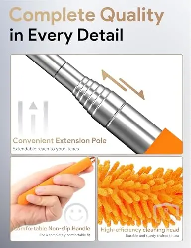 Microfiber Duster for Cleaning, Tukuos Hand Washable Dusters with 2 Replaceable Microfiber Heads, Extendable Pole, Detachable Cleaning Supplies for Office, Car, Window, Furniture, Ceiling Fan - 6