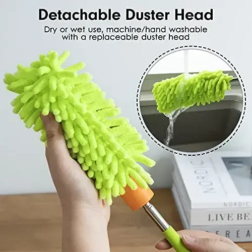 Microfiber Duster for Cleaning, Tukuos Hand Washable Dusters with 2pcs Replace Microfiber Head, Extendable Pole, Detachable Cleaning Brush Tool for Office, Car, Window, Furniture, Ceiling Fan Green - TUKUOS (1)