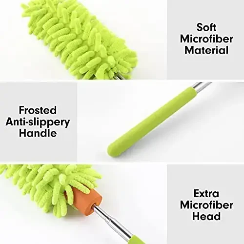 Microfiber Duster for Cleaning, Tukuos Hand Washable Dusters with 2pcs Replace Microfiber Head, Extendable Pole, Detachable Cleaning Brush Tool for Office, Car, Window, Furniture, Ceiling Fan Green - 6