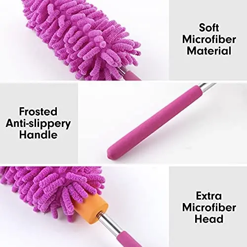 Microfiber Duster for Cleaning, Tukuos Hand Washable Dusters with 2pcs Replaceable Microfiber Head, Extendable Pole, Detachable Cleaning Brush Tool for Office, Car, Window, Furniture, Ceiling Fan - 6