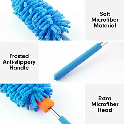 Microfiber Duster for Cleaning, Tukuos Hand Washable Dusters with 2pcs Replaceable Microfiber Head, Extendable Pole, Detachable Cleaning Brush Tool for Office, Car, Window, Furniture, Ceiling Fan - 6