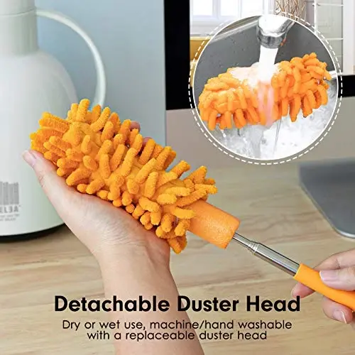 Microfiber Duster for Cleaning, Tukuos Hand Washable Dusters with 4pcs Replaceable Microfiber Heads, Extendable Pole, Detachable Cleaning Supplies for Office, Car, Window, Furniture, Ceiling Fan - 4