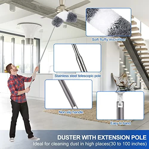 Microfiber Duster Kit (11PCS) - Washable Dusters with Extension Pole (30 to 100 in) for Cleaning Ceilings, Fans, Furniture - DTZERT (1)