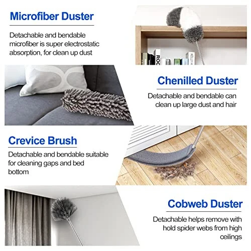 Microfiber Duster Kit (11PCS) - Washable Dusters with Extension Pole (30 to 100 in) for Cleaning Ceilings, Fans, Furniture - 3