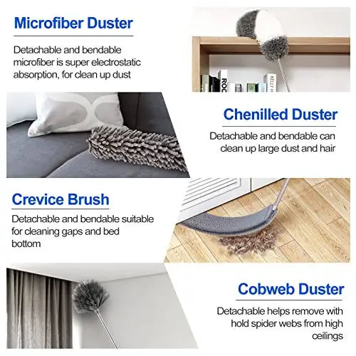 Microfiber Duster Kit (11PCS) - Washable Dusters with Extension Pole (30 to 100 in) for Cleaning Ceilings, Fans, Furniture - 3